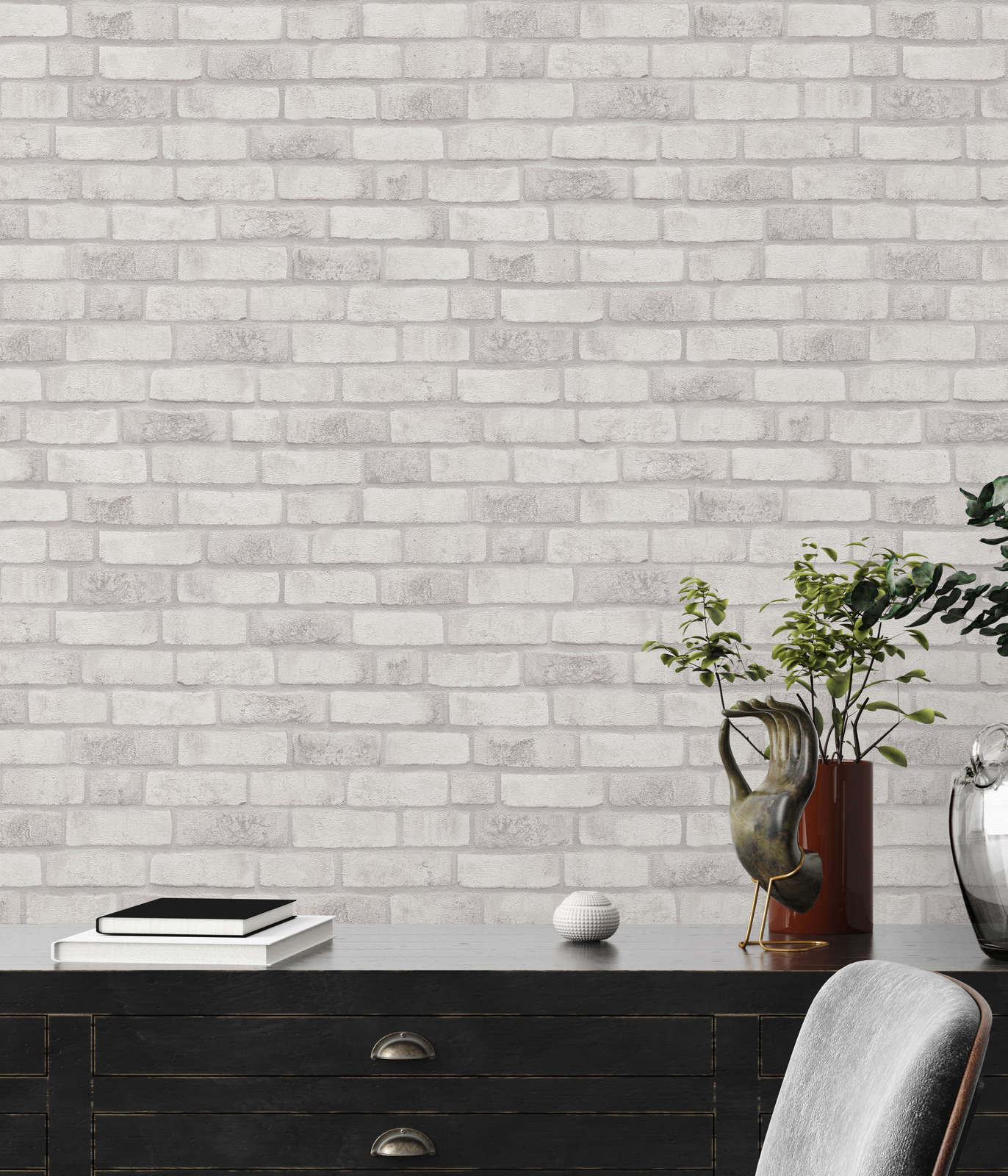             Vliestapete mit Ziegelsteinmauer – Weiß, Grau, Grau
        