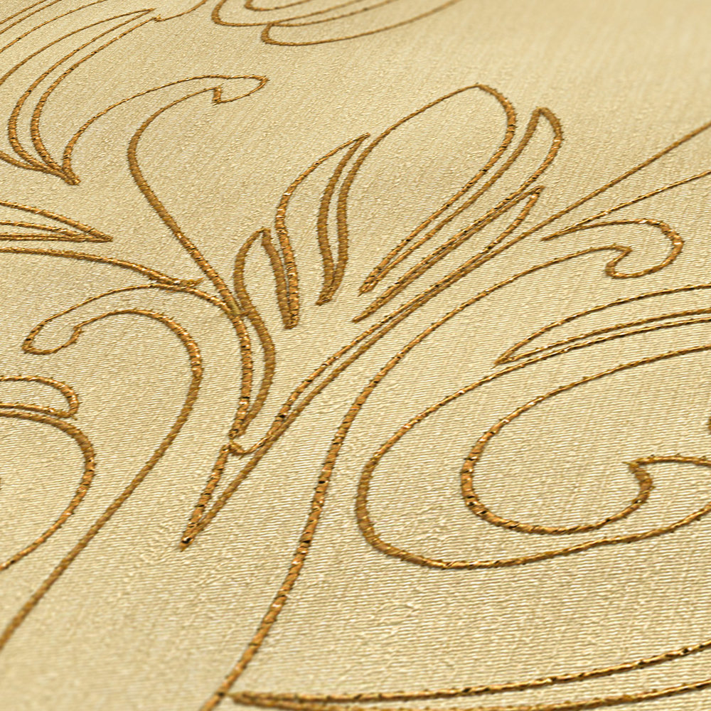             Premium Wandpanel mit Ornamenten auf Textilstruktur – Gelb, Gold
        