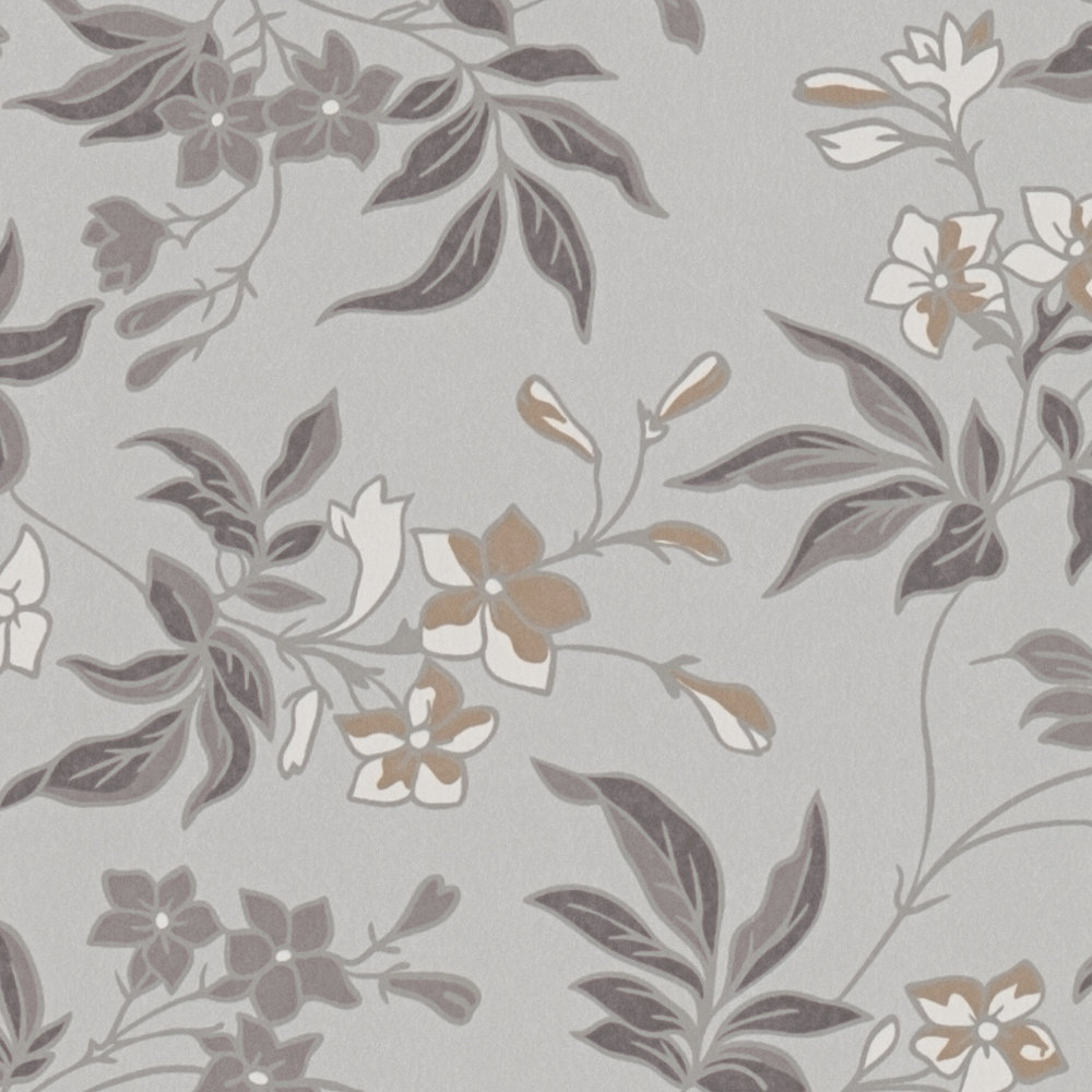             Tapete mit floralem Muster Blumen und Ranken – Grau, Braun, Weiß
        