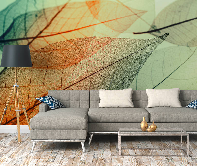             Fototapete mit Blätter-Design – Grün, Orange, Schwarz
        