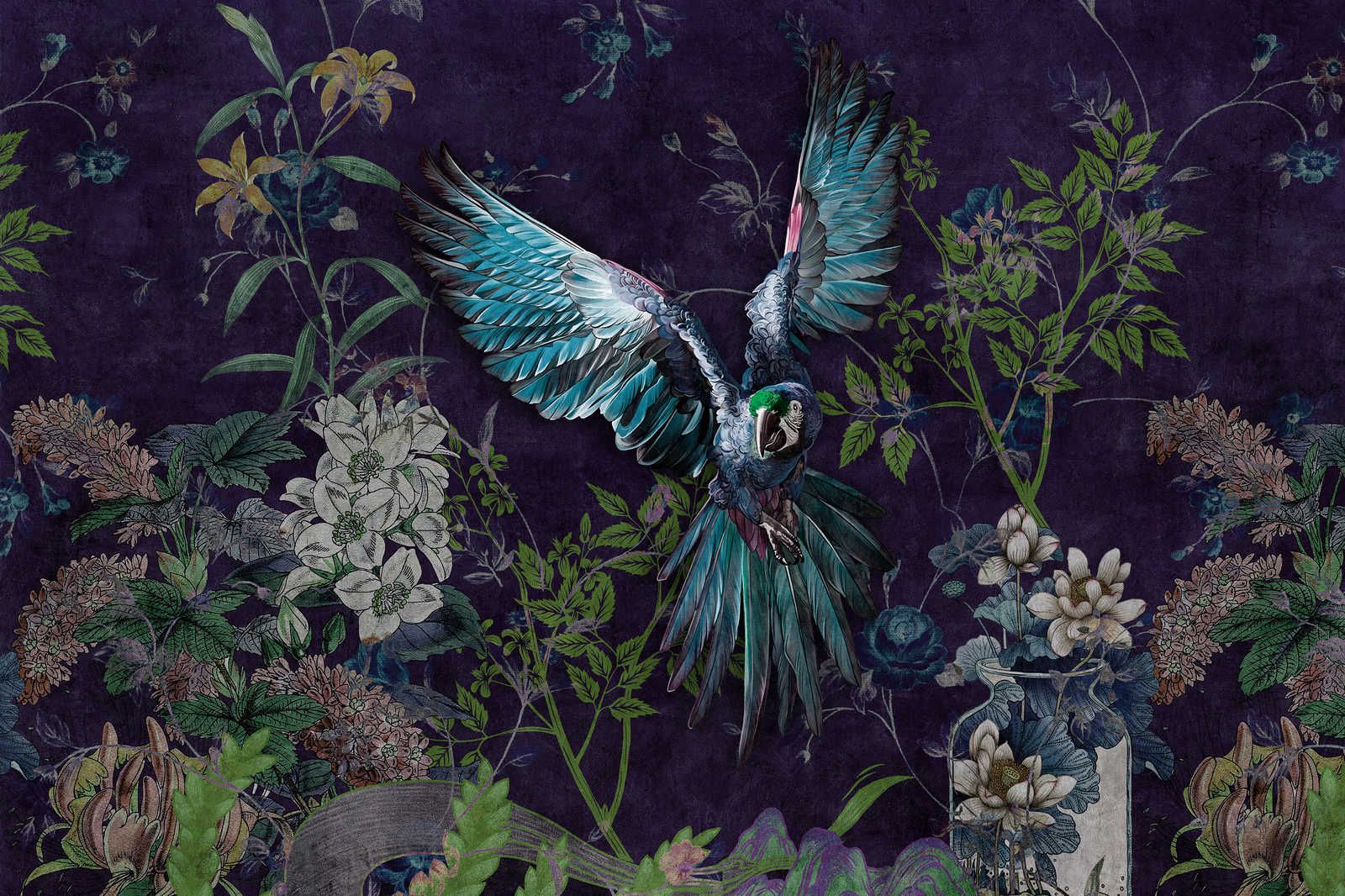             Tropical Hero 2 - Papagei Leinwandbild Blumen & schwarzer Hintergrund – 1,20 m x 0,80 m
        