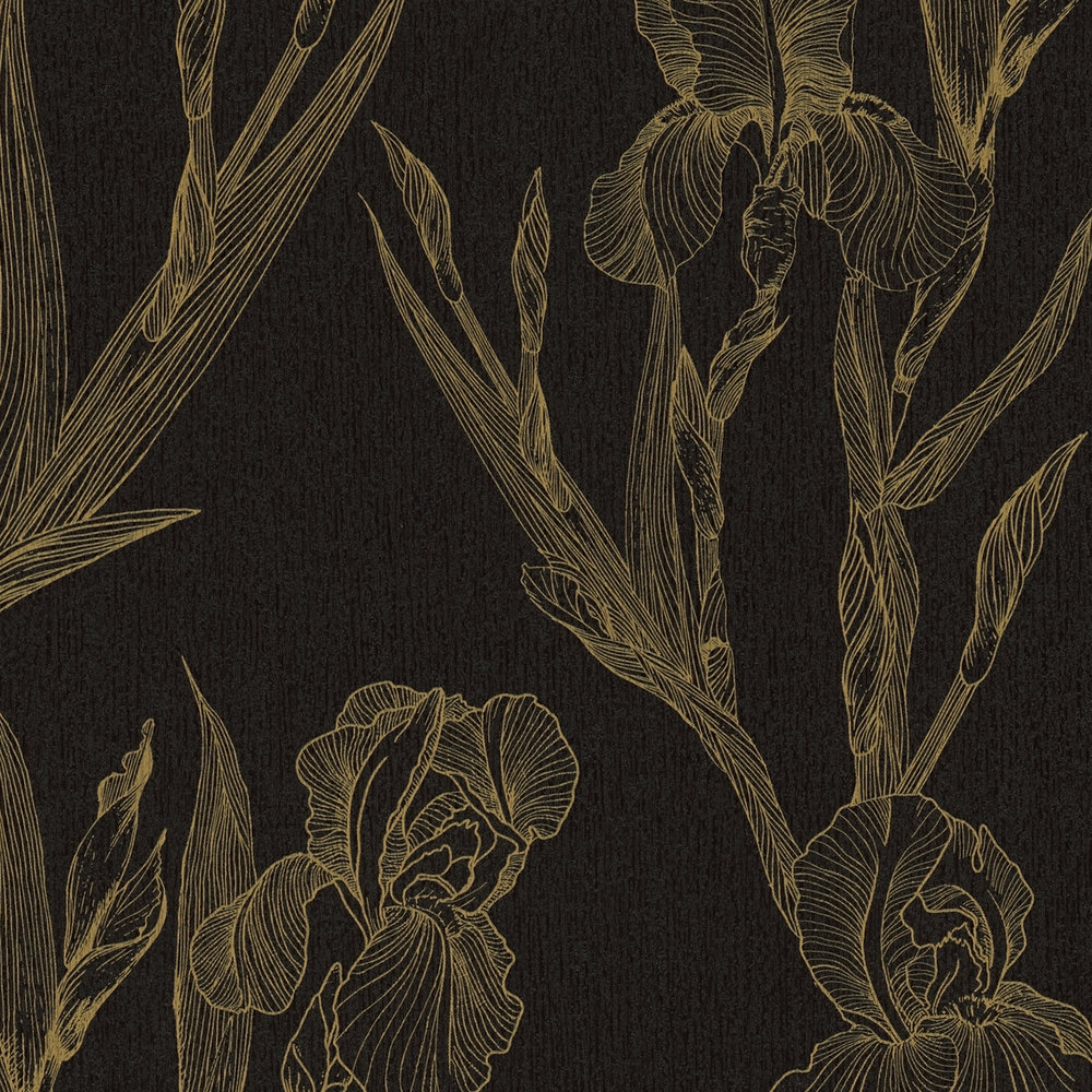             Florale Mustertapete mit Blüten im Zeichenstil – Schwarz, Gelb
        