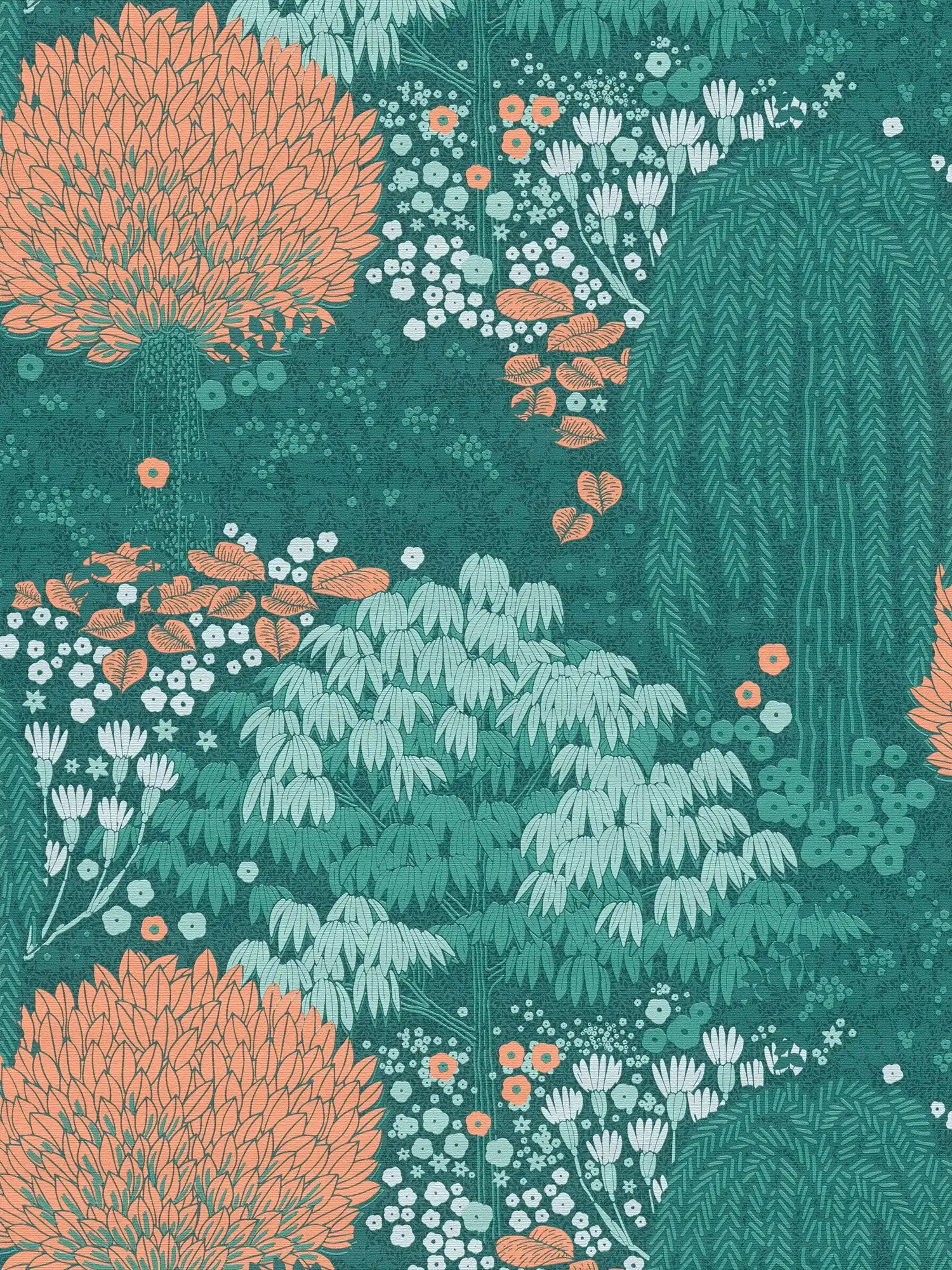 Florale Tapete mit Blättern leicht strukturiert, matt – Petrol, Orange, Grün
