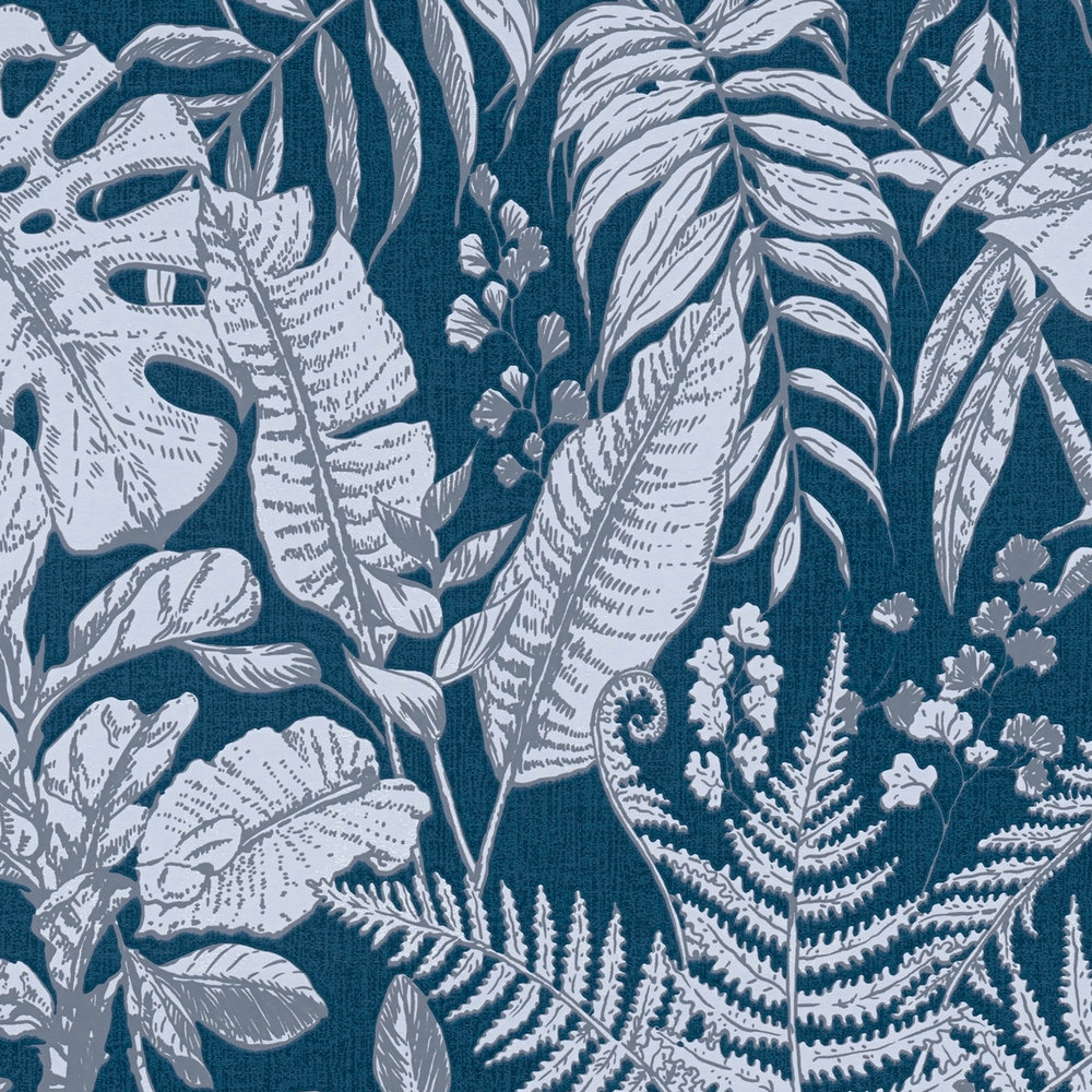            Mustertapete Dschungel Blätter & Farne – Blau, Grau, Weiß
        