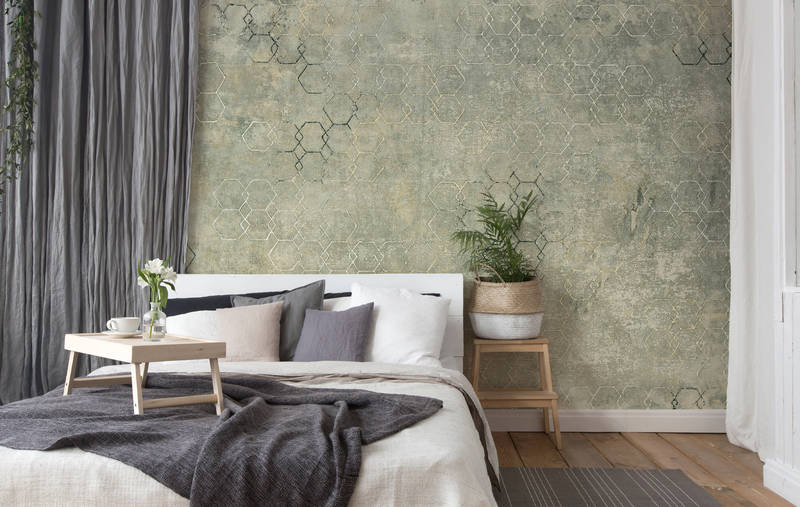             Fototapete Beton mit Hexagon Design & Used Look – Grün, Weiß, Beige
        