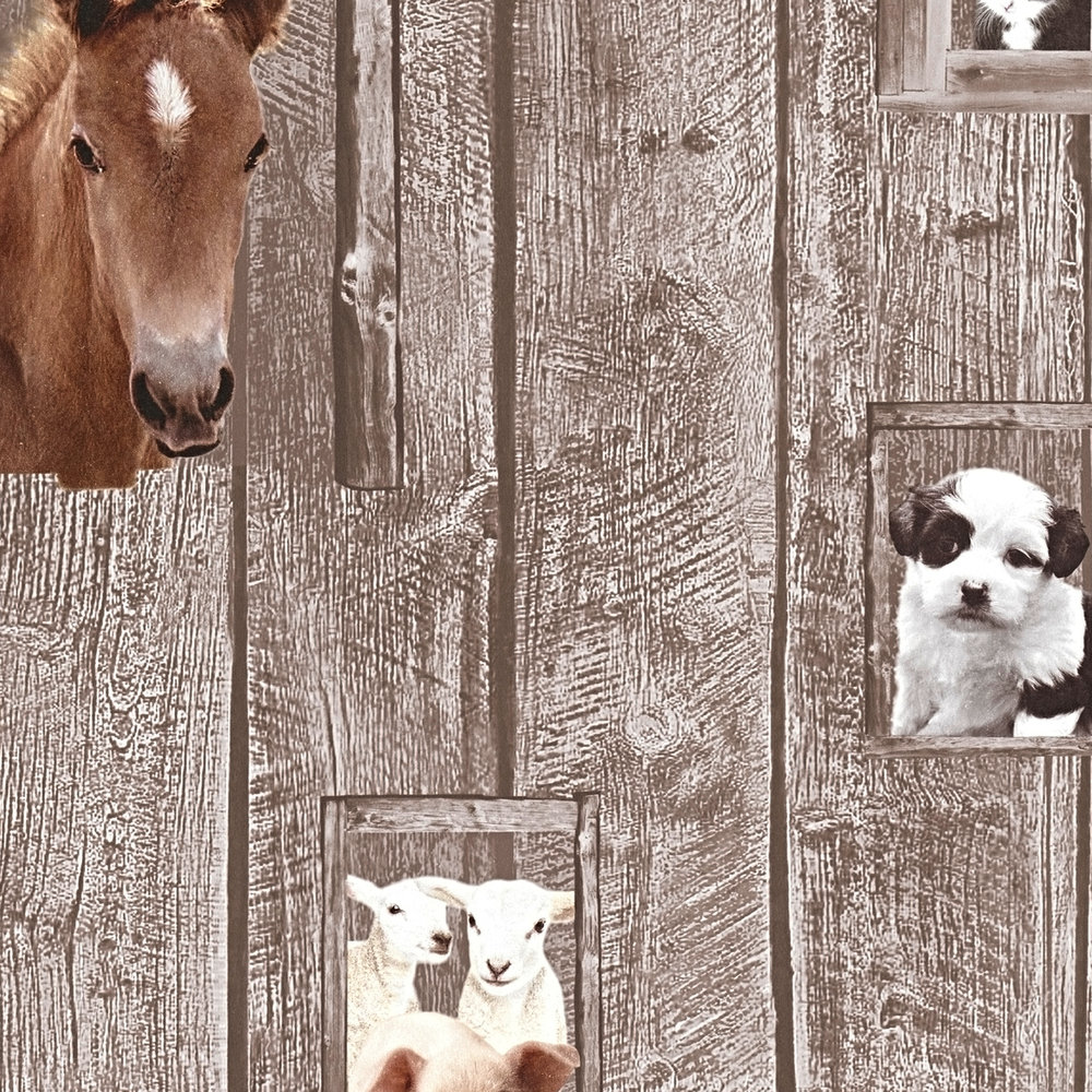             Papiertapete Bauernhof Tiere mit Holzoptik – Bunt
        