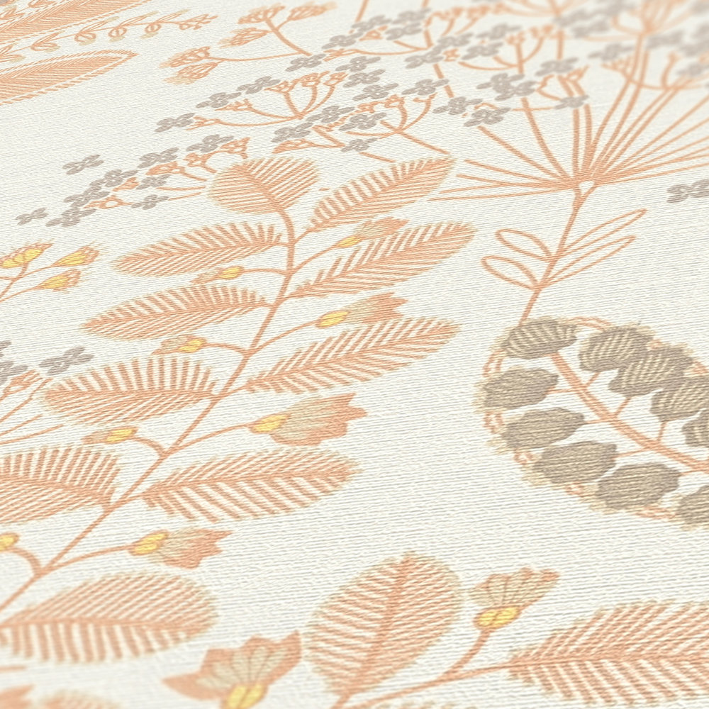            Florale Tapete mit Blättern im Retro-Stil leicht strukturiert, matt – Weiß, Orange, Gelb
        