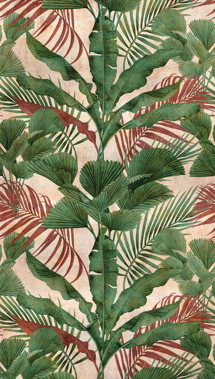             Dschungeltapete mit tropischen Pflanzen – Grün, Beige, Rot
        