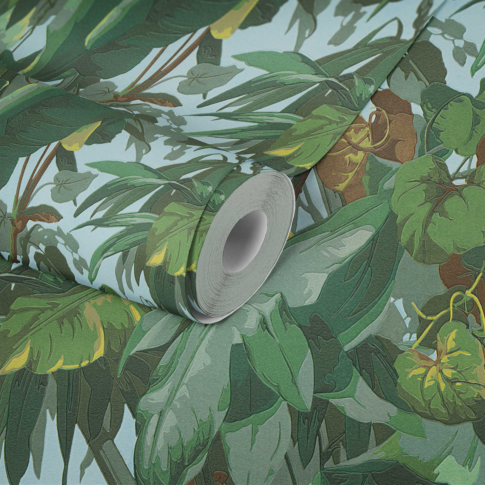             Dschungel-Tapete mit Blätterwald & grünem Dickicht – Grün, Braun
        