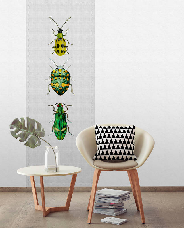             Buzz panels 4 - Digitaldruckpaneel mit bunten Käfern in naturleinen Struktur – Gelb, Grau | Struktur Vlies
        