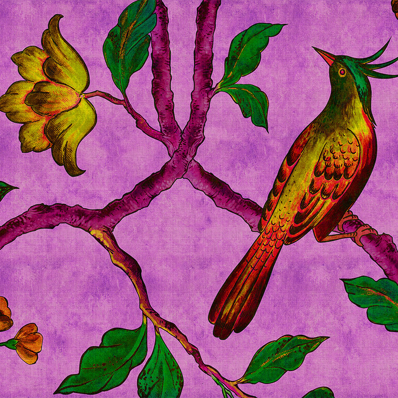 Bird Of Paradis 2 - Digitaldrucktapete Paradiesvogel in naturleinen Struktur – Gelb, Grün | Perlmutt Glattvlies
