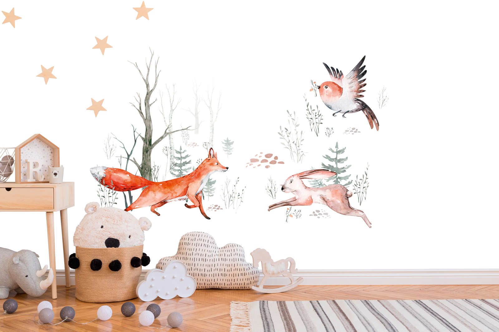             Fototapete mit Tieren im Wald fürs Kinderzimmer – Orange, Grün, Weiß
        