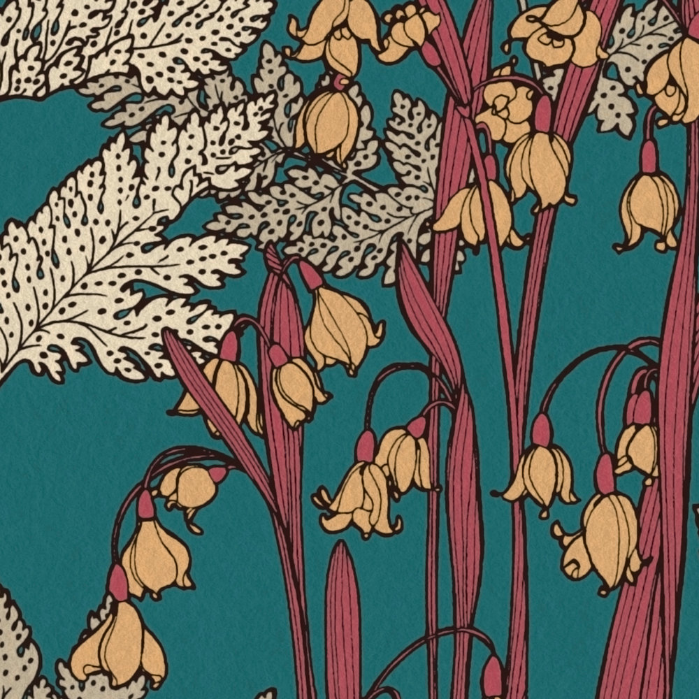             Tapete Petrol mit Blätter & Blüten Muster im Zeichenstil – Blau, Beige, Gelb
        