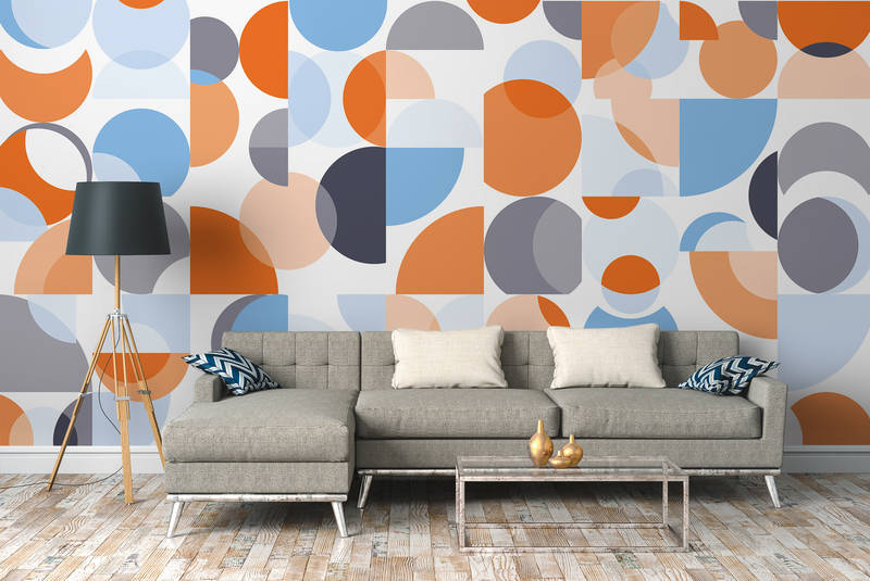             Fototapete Retro-Stil, grafischem Muster & bunte Farben – Blau, Orange, Weiß
        