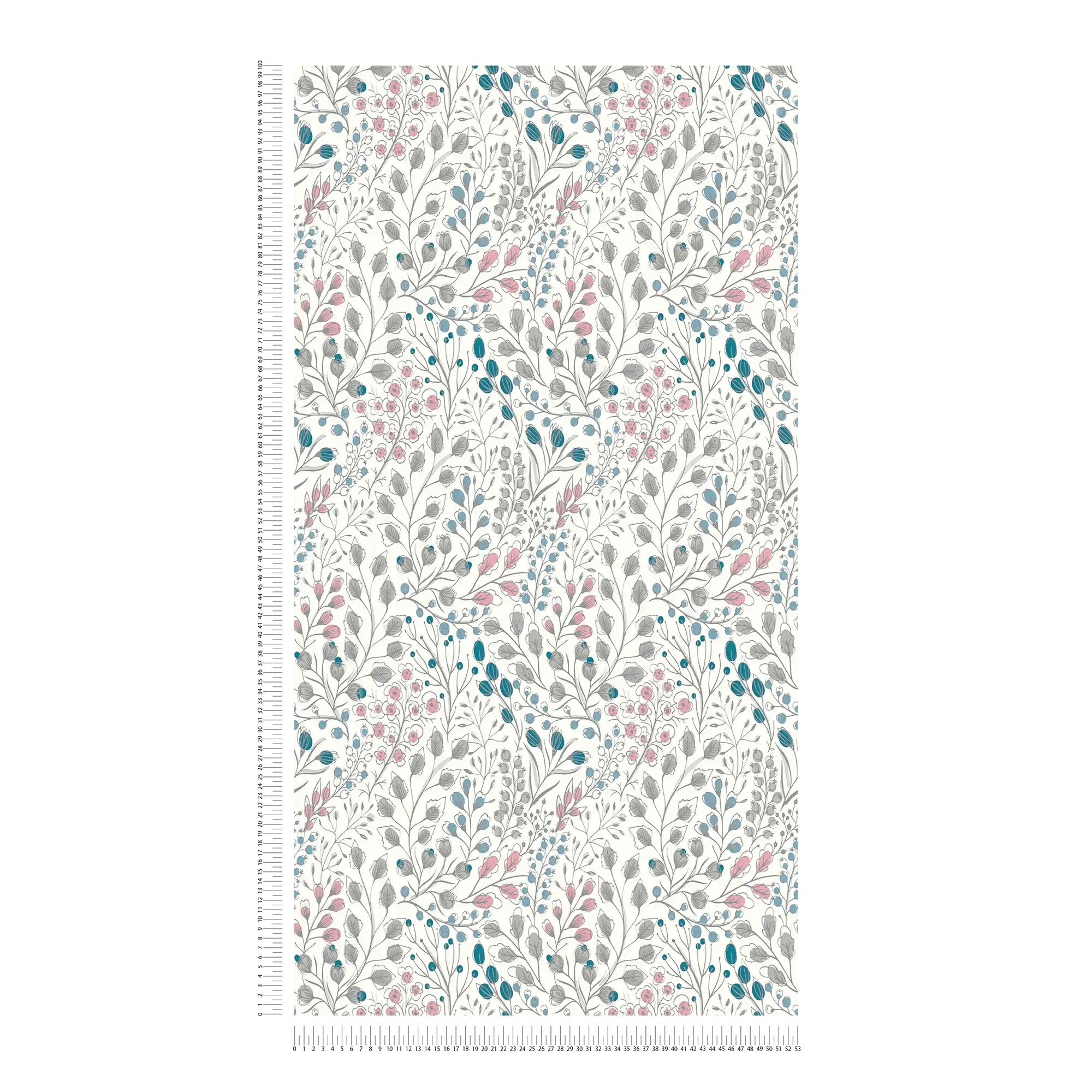             Vliestapete mit floralem Muster im Zeichenstil – Weiß, Rosa, Blau
        