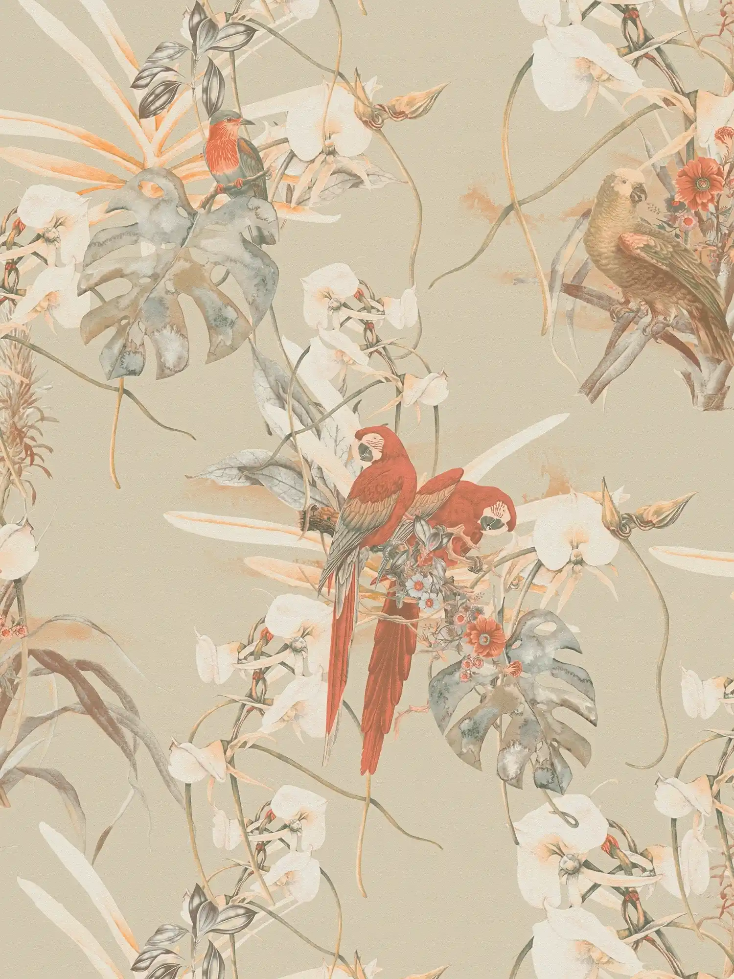 Tapete tropisches Design, Papagei & exotische Blumen – Beige, Braun
