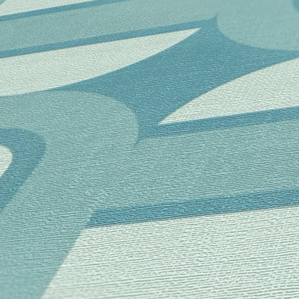             Leicht strukturierte Tapete mit Ovalen und Balken im Retro Stil – Türkis, Blau, Hellblau
        