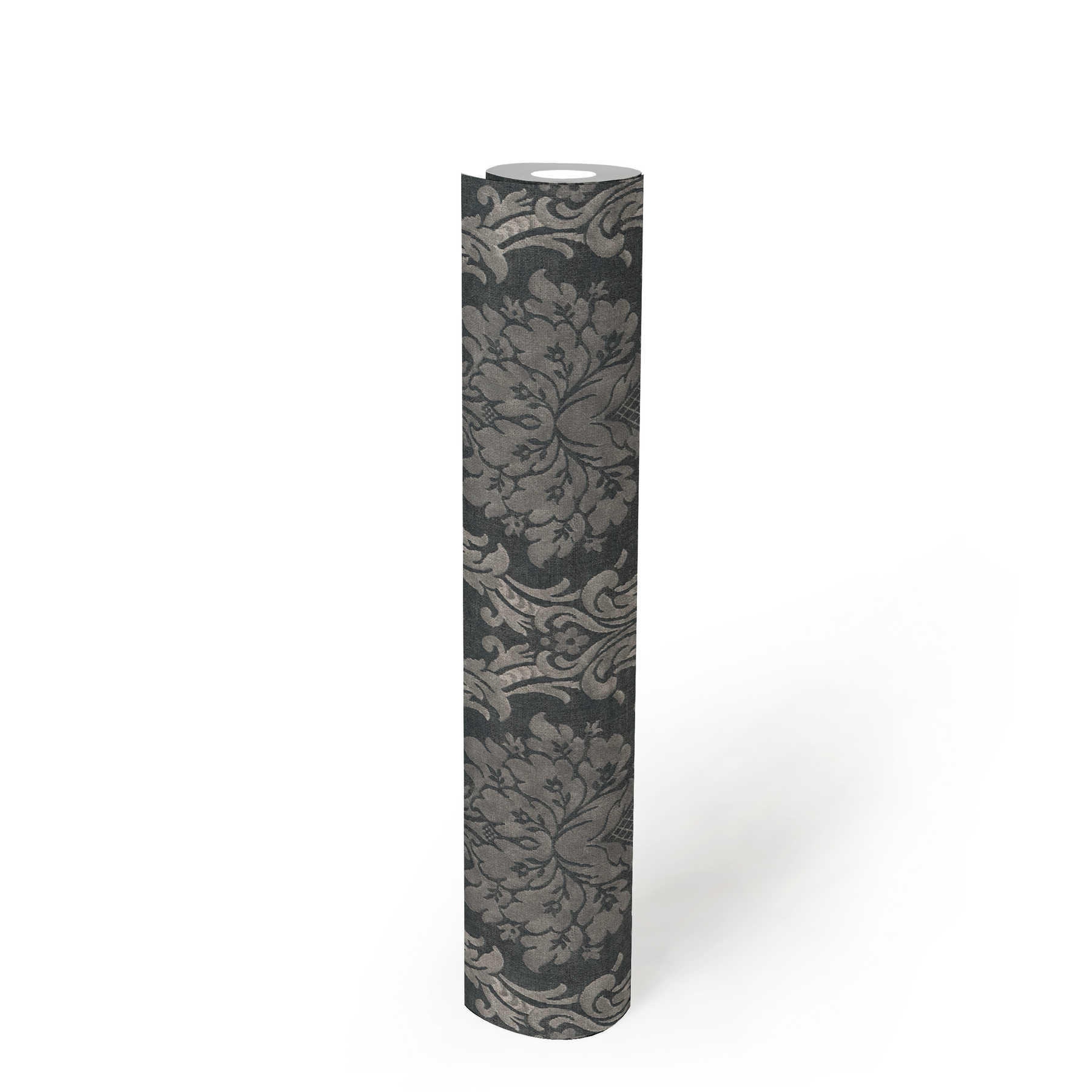             Ornament Tapete mit floralem Korb-Muster – Grau, Schwarz
        