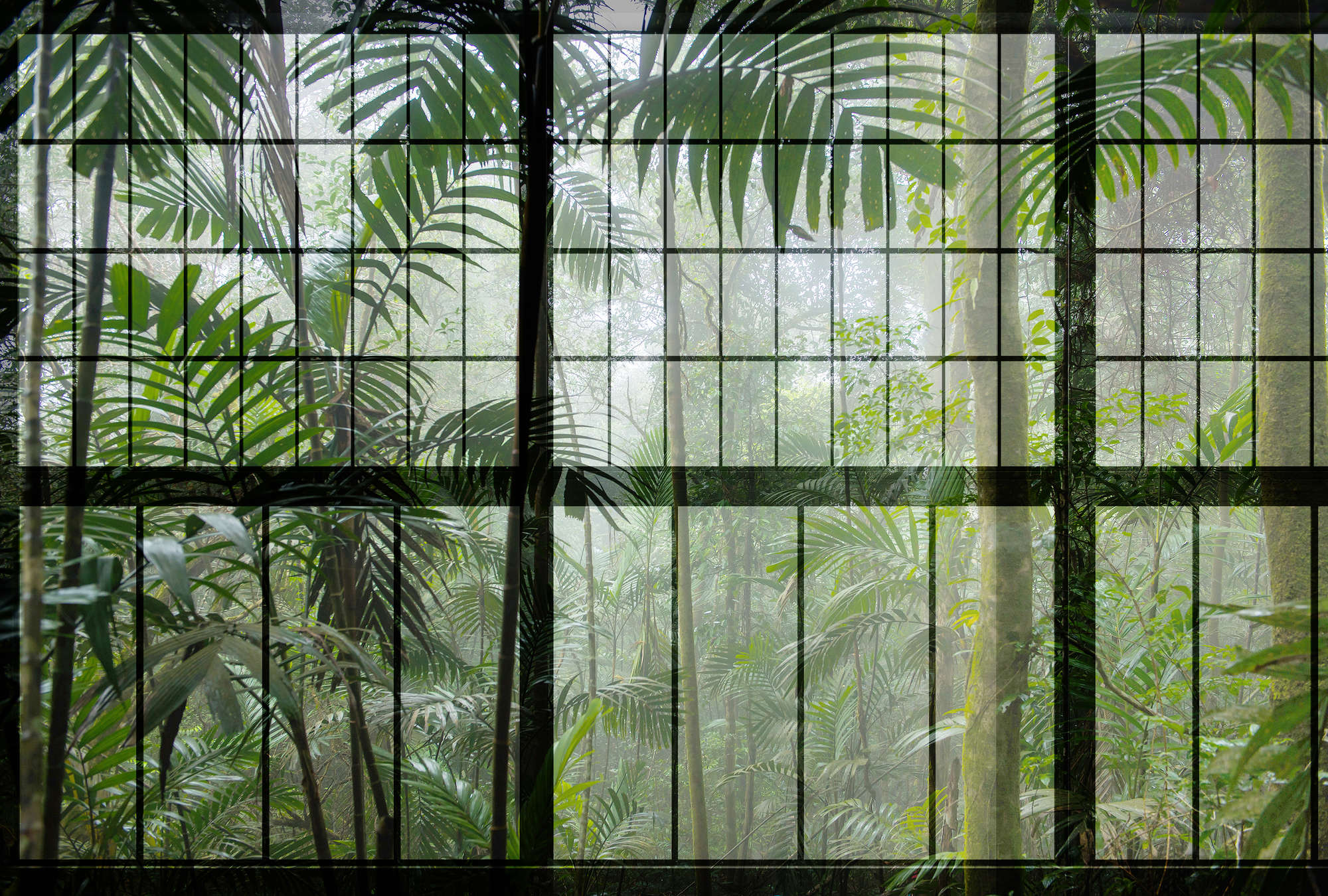             Rainforest 1 - Loftfenster Fototapete mit Dschungel Aussicht – Grün, Schwarz | Premium Glattvlies
        