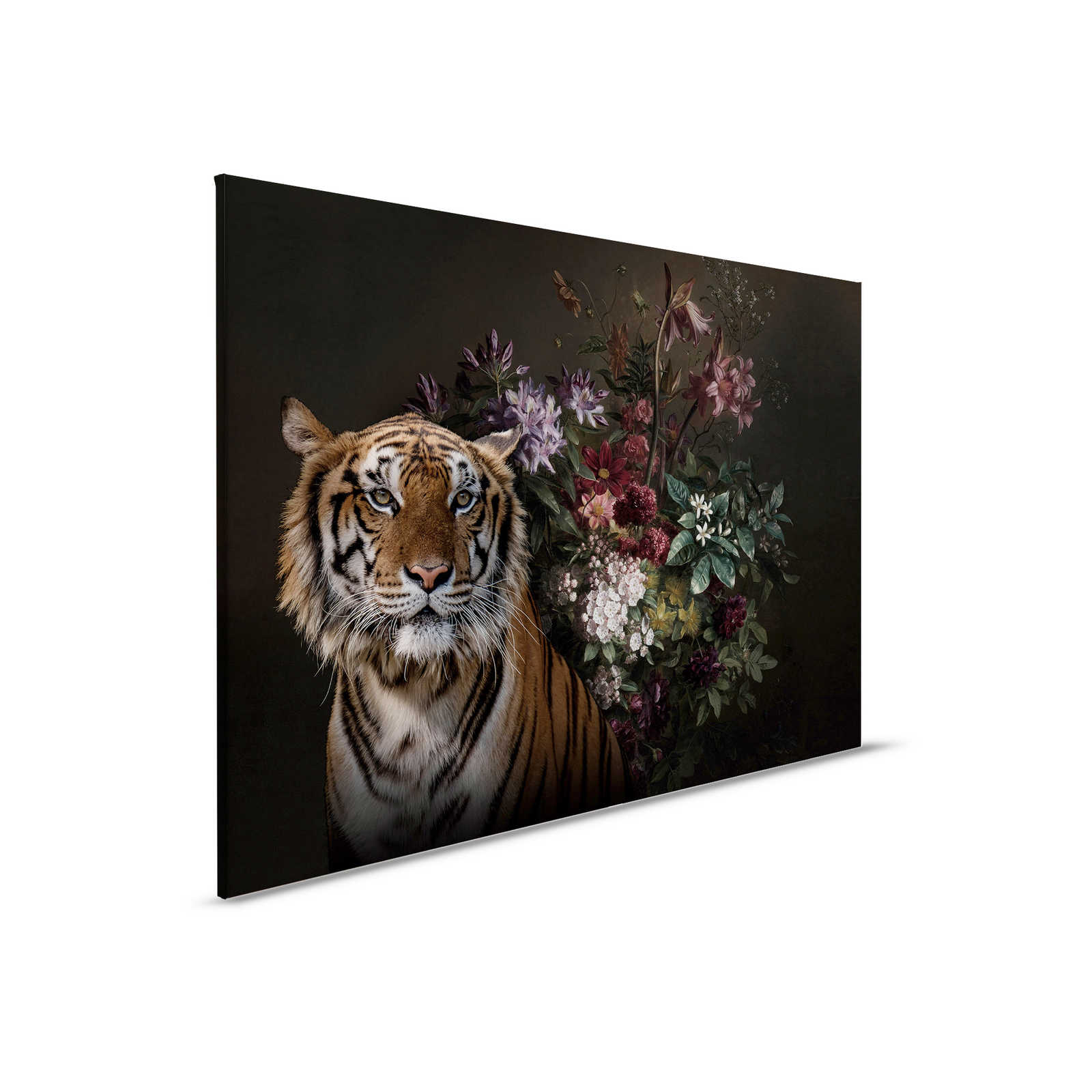 Leinwandbild Tiger Portrait mit Blumen – 0,90 m x 0,60 m
