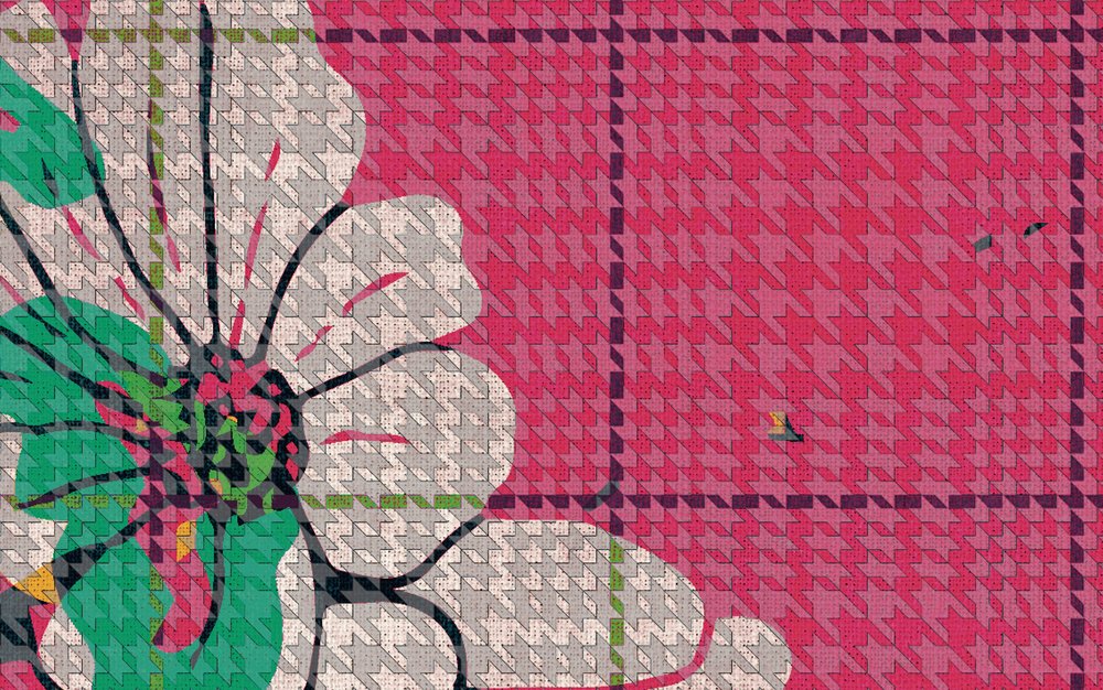            Flower plaid 2 - Fototapete in karierter Optik buntes Blumenmosaik Pink – Grün, Rosa | Struktur Vlies
        