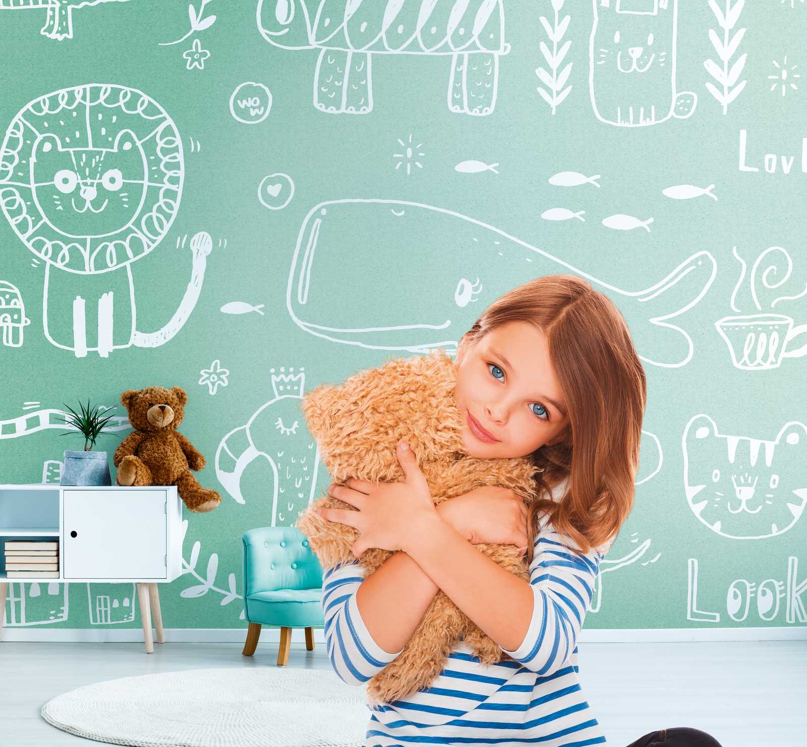             Tapeten Neuheit – Kinderzimmer Motivtapete Doodle Tiere, Mintgrün
        