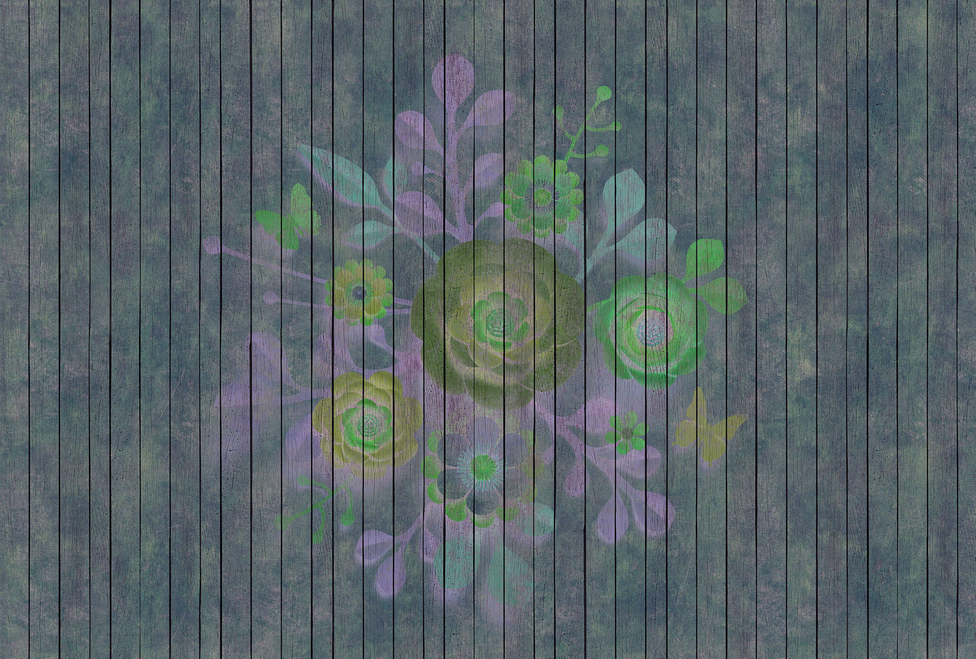             Spray Bouquet 2 - Fototapete in Holzpaneele Struktur mit Blumen auf Bretterwand – Blau, Grün | Perlmutt Glattvlies
        