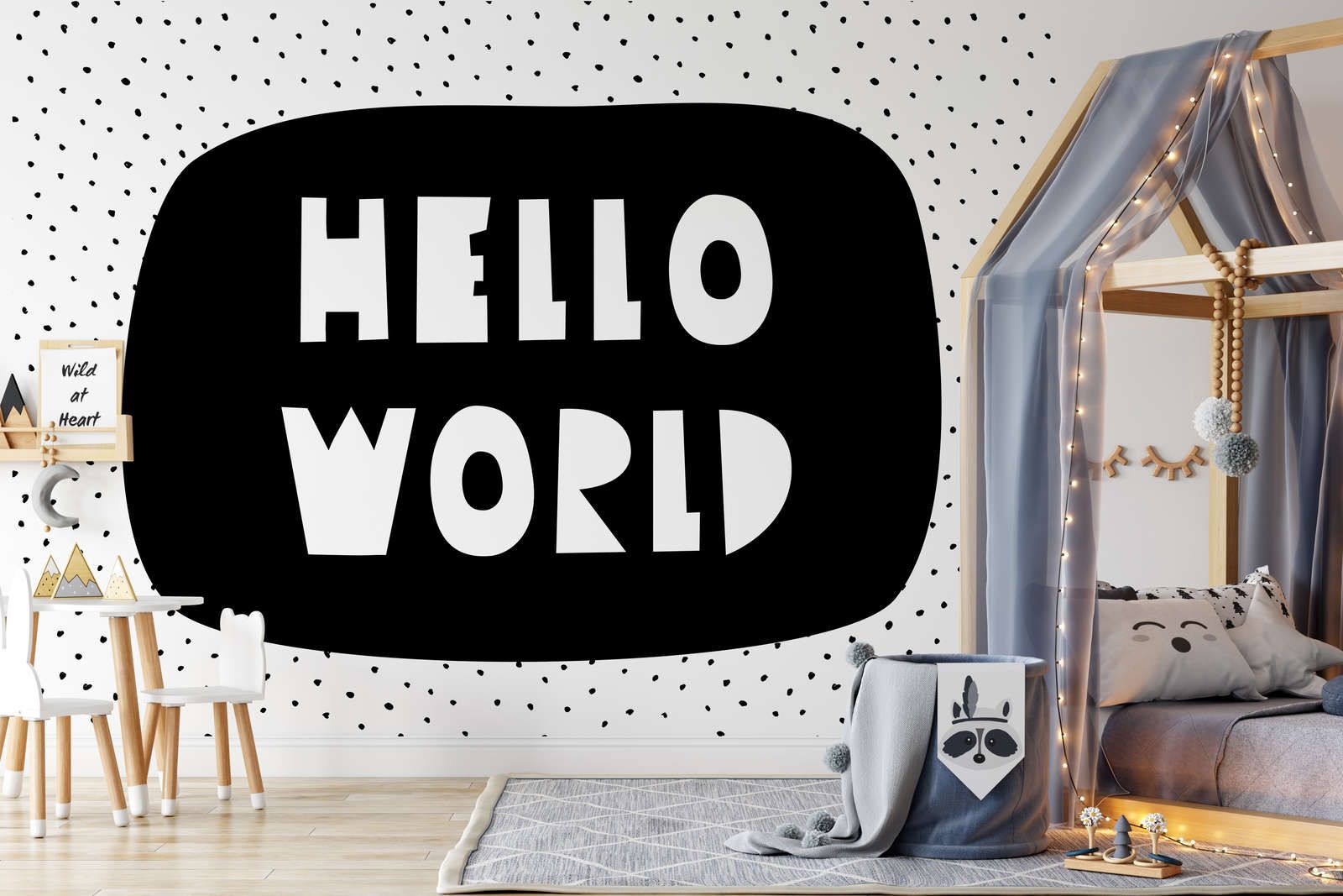             Fototapete fürs Kinderzimmer mit Schriftzug "Hello World" – Glattes & perlmutt-schimmerndes Vlies
        