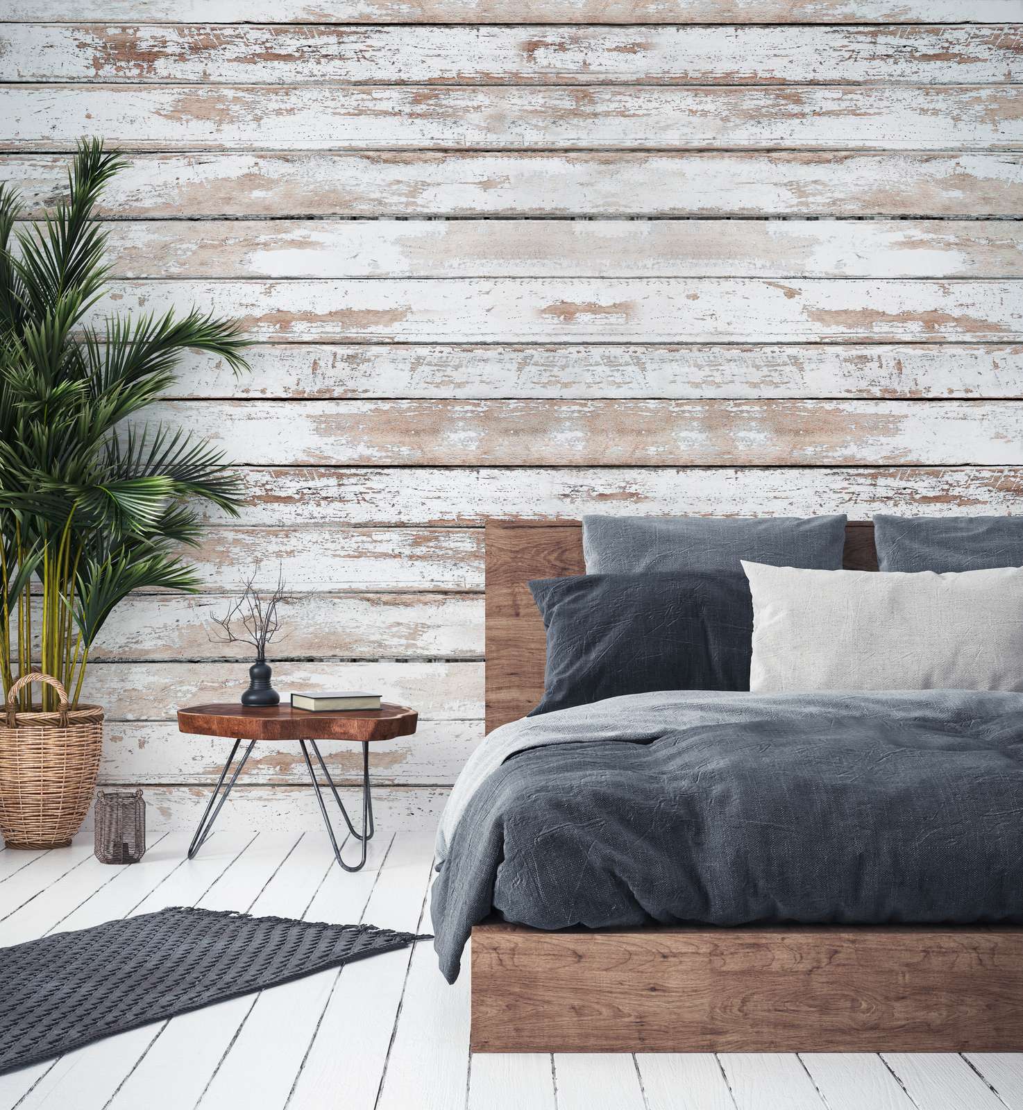             Fototapete Holzwand mit horizontalen Brettern naturell – Weiß, Beige
        