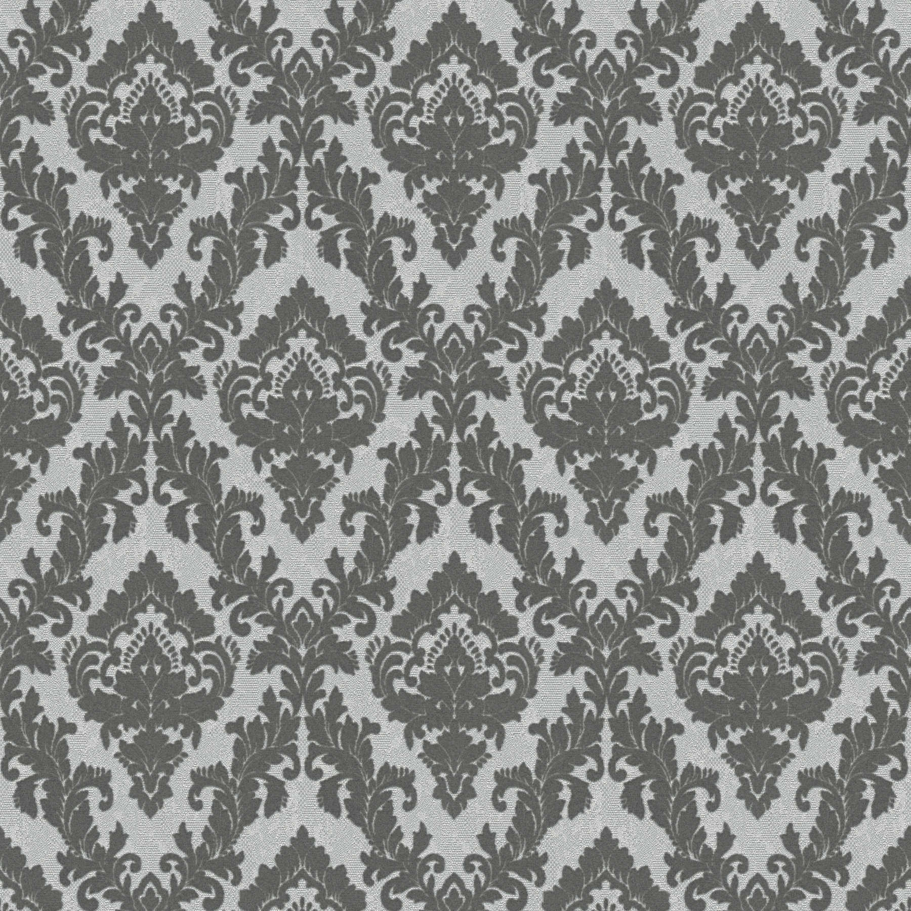 Ornament Tapete mit Flock & Seidenglanz – Grau

