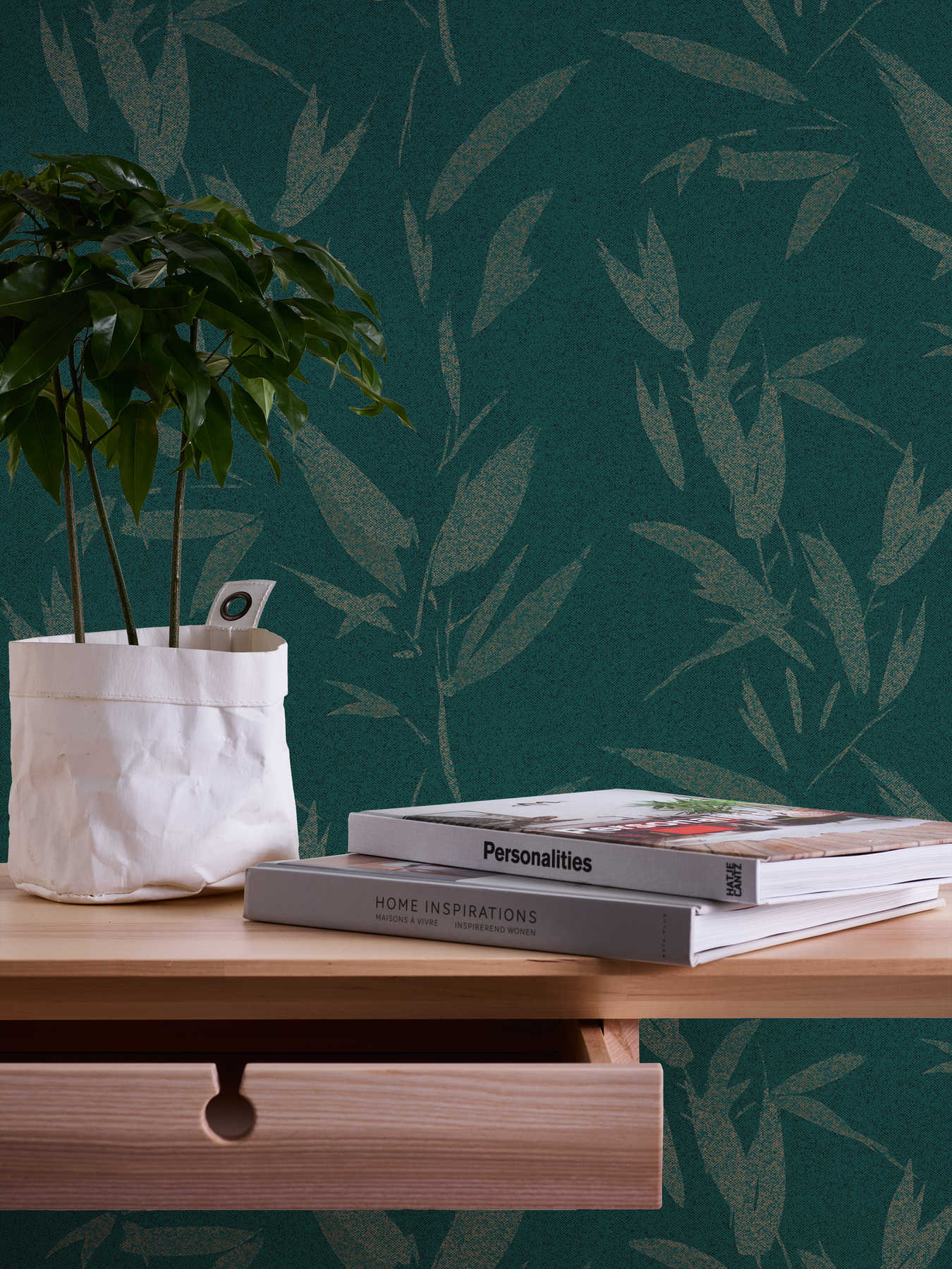             Blätter Tapete abstrakt mit Textiloptik – Grün, Beige
        