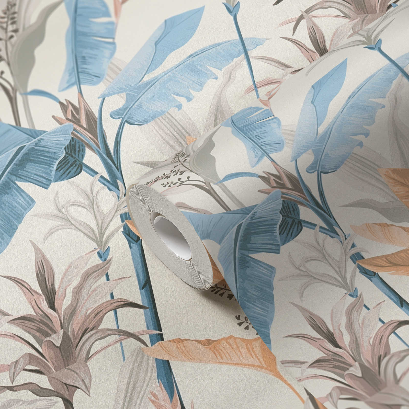             Detaillierte florale Vliestapete mit Blätter Muster - Blau, Grau, Creme
        