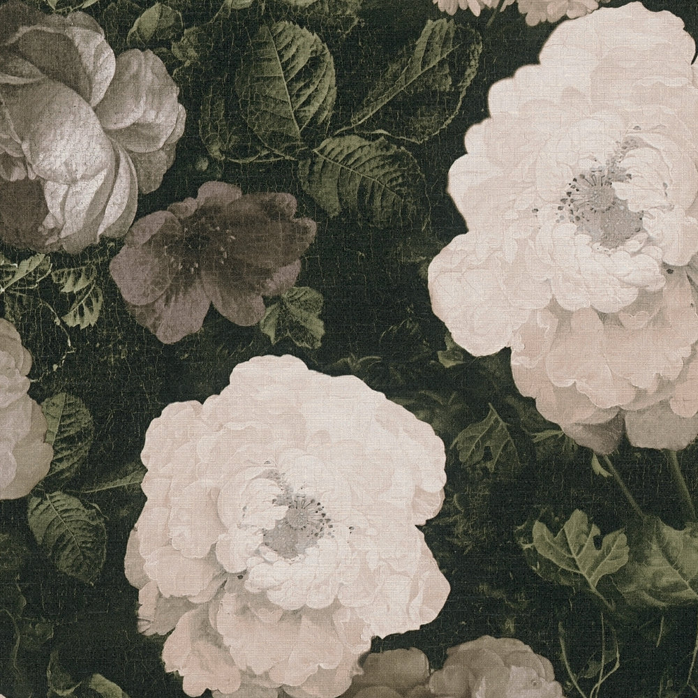             Vliestapete mit Rosen, Blütenteppich – Creme, Grün, Grau
        