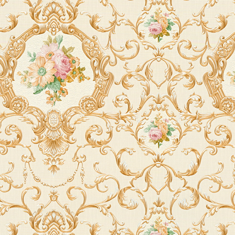             Opulente Tapete mit Ornamentmuster & Blumen – Metallic
        