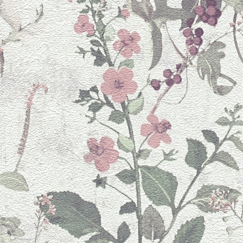             Natur Tapete mit floral Muster – Grau, Grün, Rosa
        