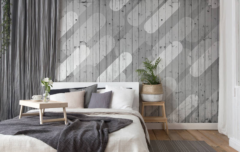             Holz-Fototapete mit Brettern & Streifenmuster – Grau, Weiß
        