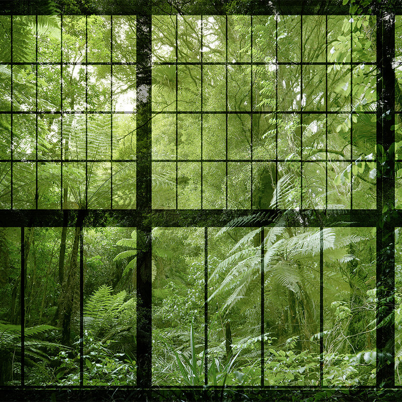 Rainforest 2 - Loftfenster Fototapete mit Dschungel Aussicht – Grün, Schwarz | Premium Glattvlies
