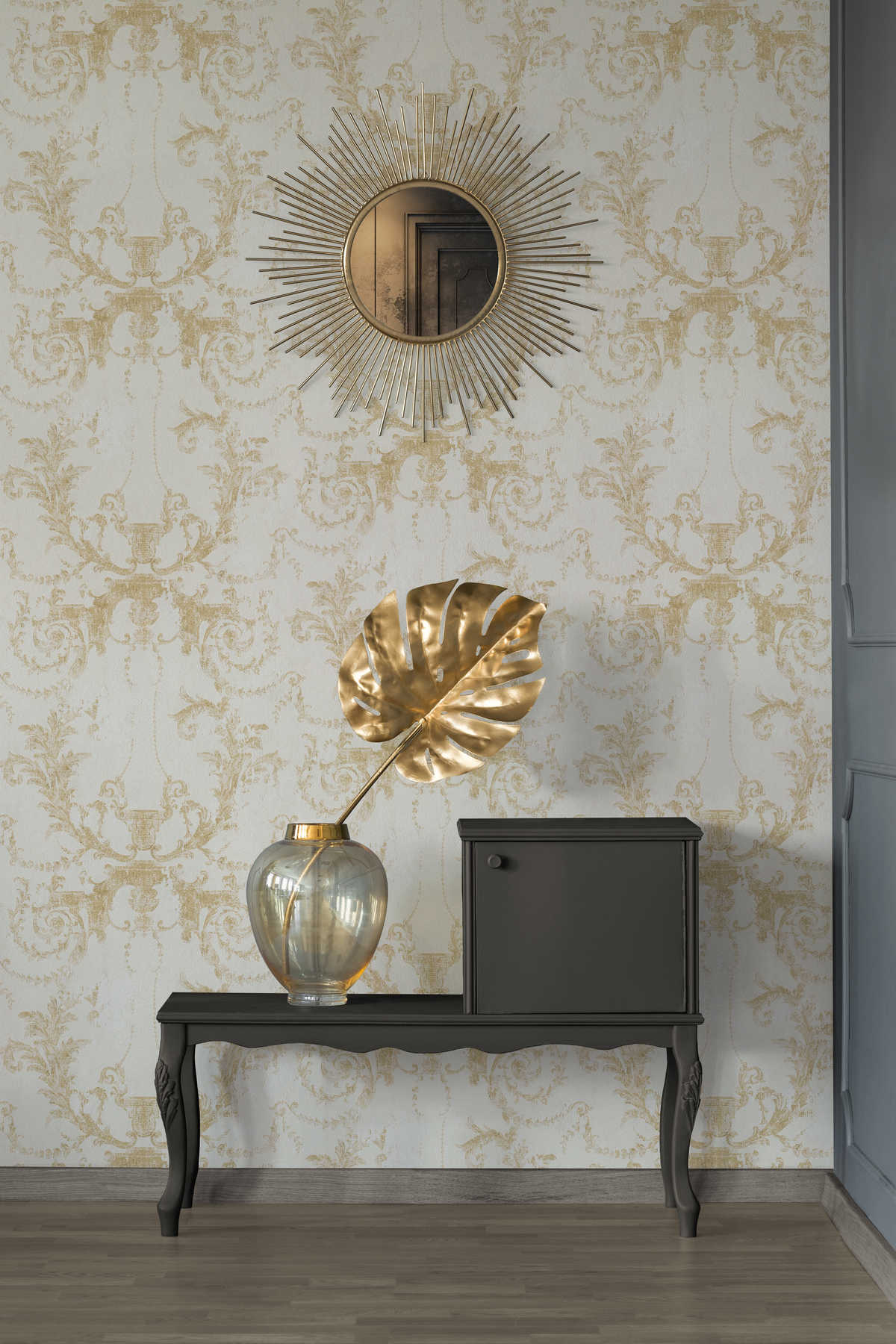             Ornamenttapete Vintage Stil & rustikal – Gold, Creme
        