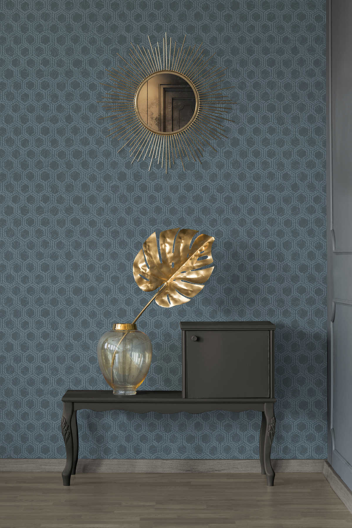             Mustertapete mit Hexagon Muster im Ethno Stil – Blau, Metallic
        