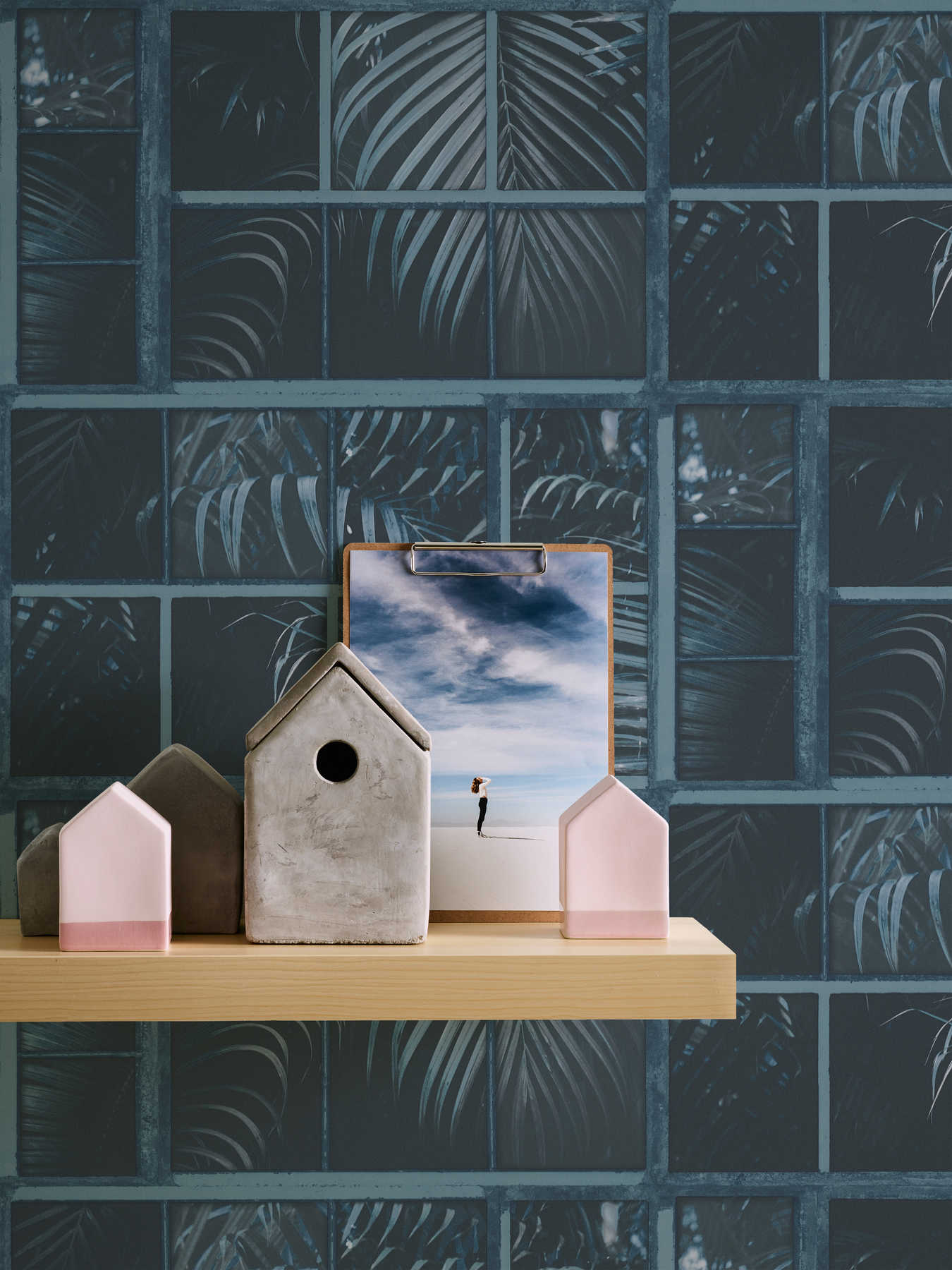             Tapete Fenster mit Dschungel-Aussicht & 3D-Effekt – Blau, Schwarz
        