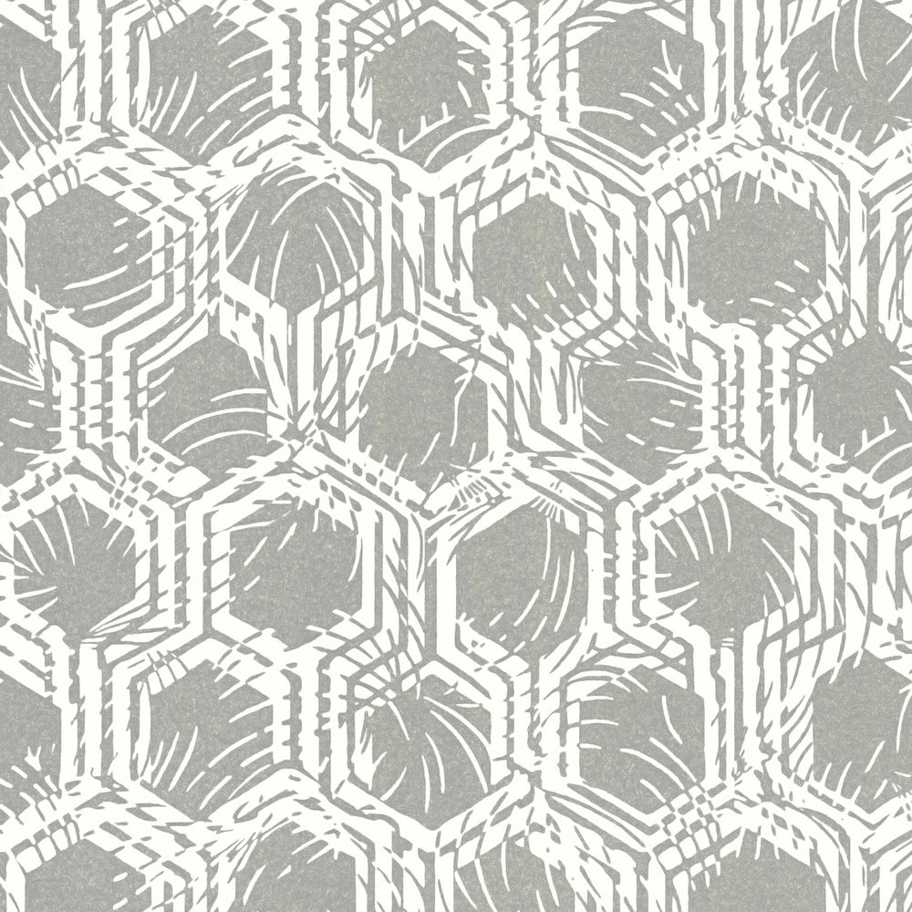             Geometrische Mustertapete mit Metallic-Farben – Silber, Weiß
        