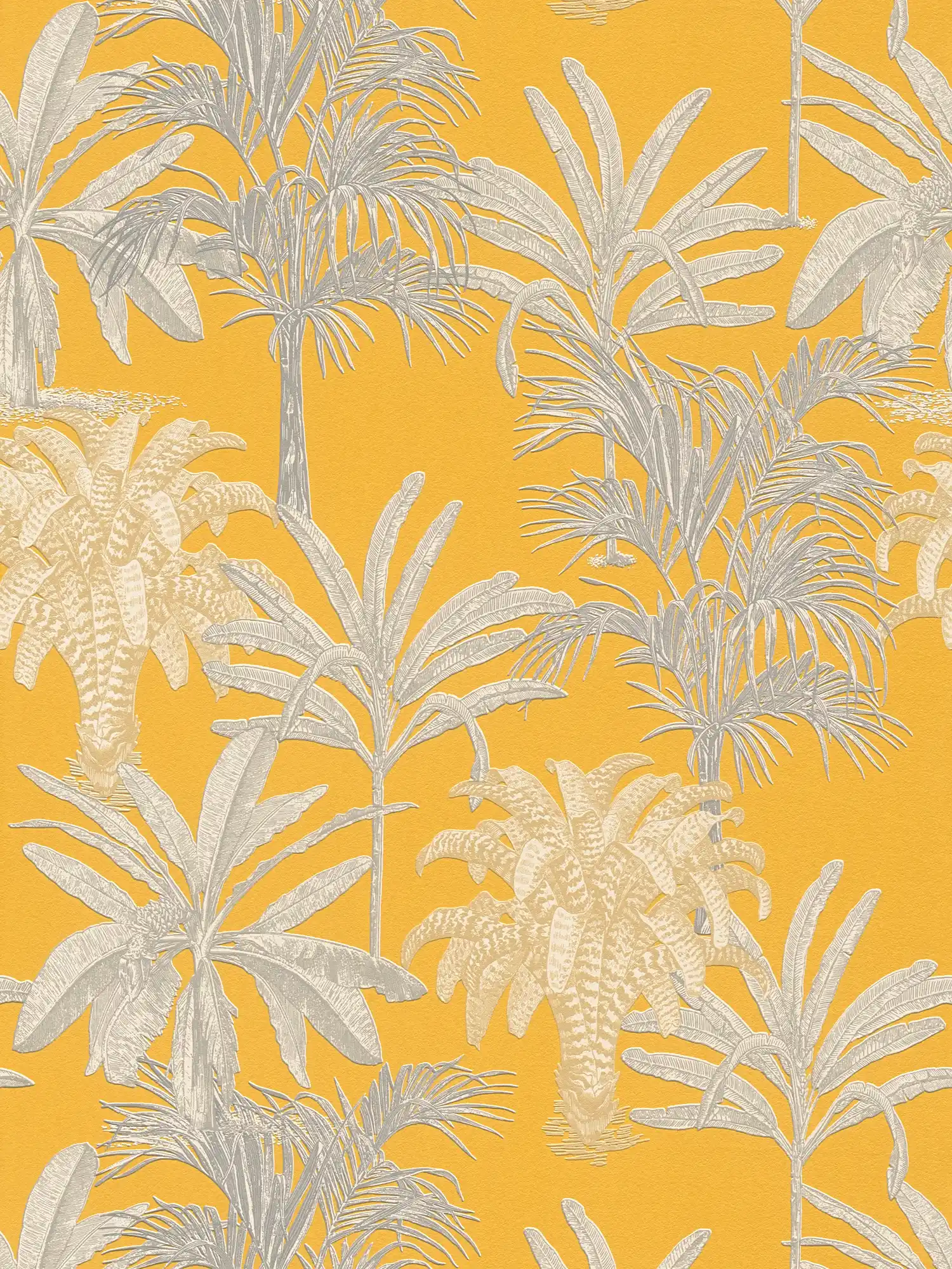 Palmen Tapete Senfgelb mit Strukturmuster – Gelb, Grau
