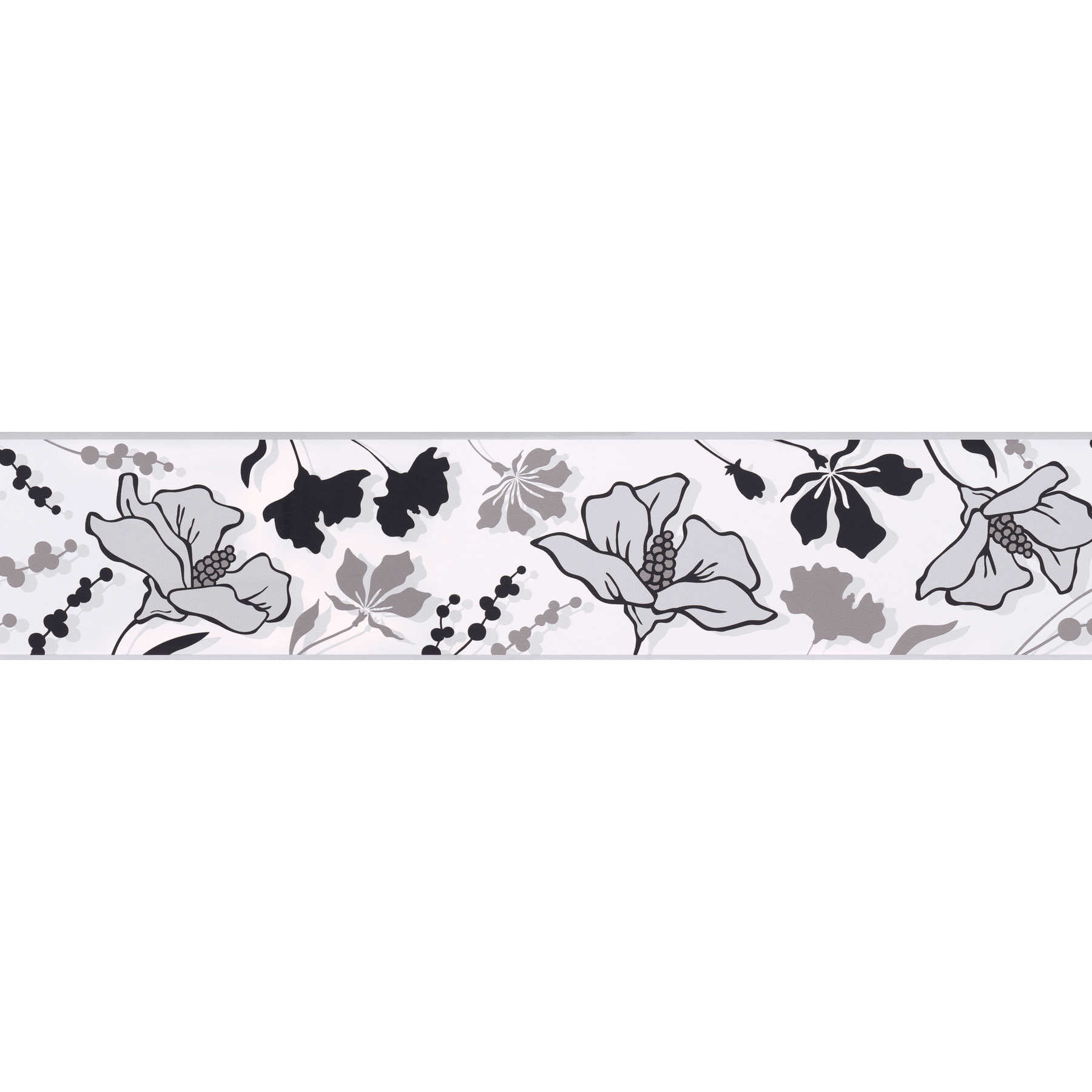 Schwarz-Weiß Blumen Bordüre glatt & glänzend Effekt
