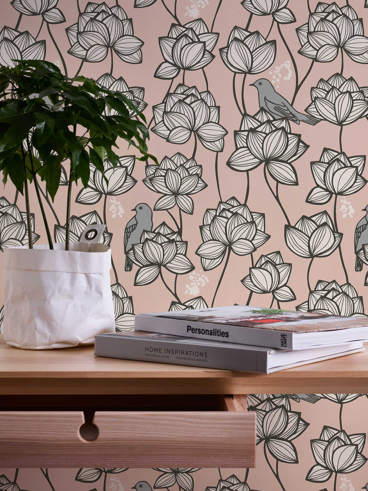            Vliestapete Blumen Ranken mit Vögeln im Line Art Stil – Grau, Rosa
        