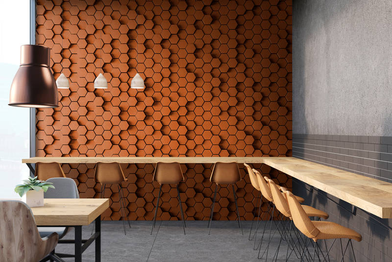             Honeycomb 2 - 3D Fototapete mit orangenem Wabendesign - Struktur Filz – Kupfer, Orange | Perlmutt Glattvlies
        