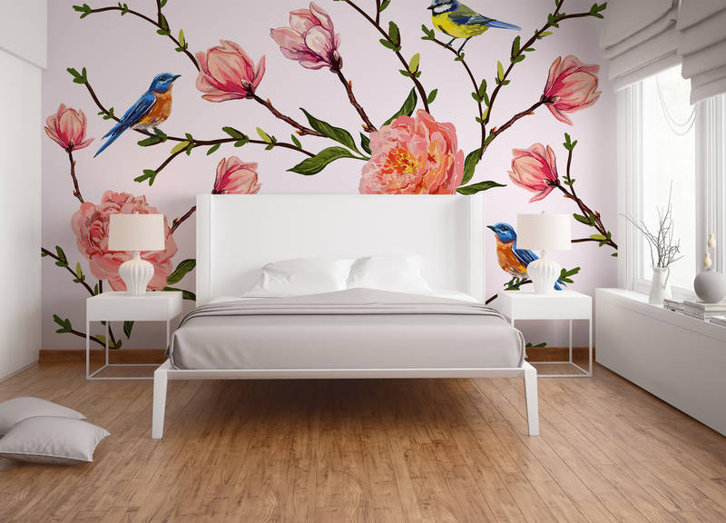             Fototapete Vögel & Blumen minimalistisch – Grau, Rosa, Grün
        