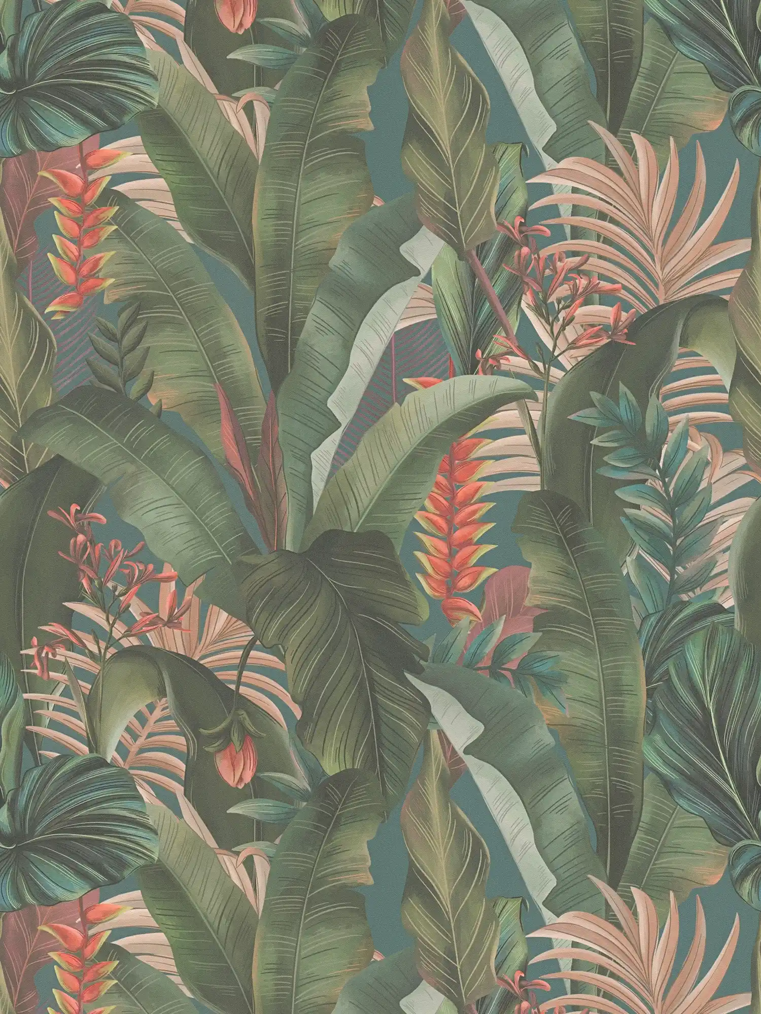 Dschungeltapete floral mit Palmenblättern & Blüten strukturiert matt – Blau, Petrol, Grün
