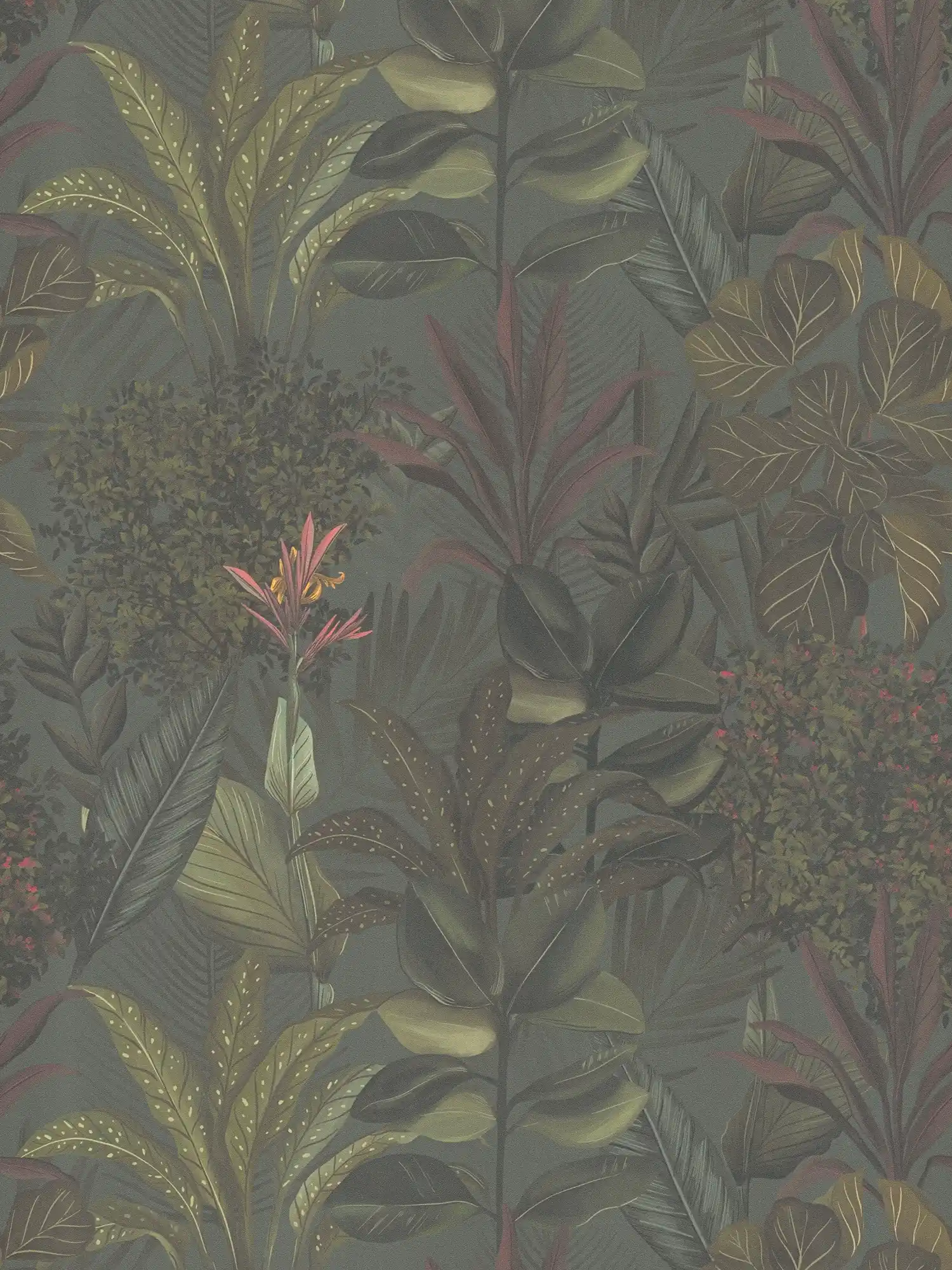 Florale Tapete modern mit Blättern & Gräsern strukturiert matt – Dunkelgrün, Bordeaux
