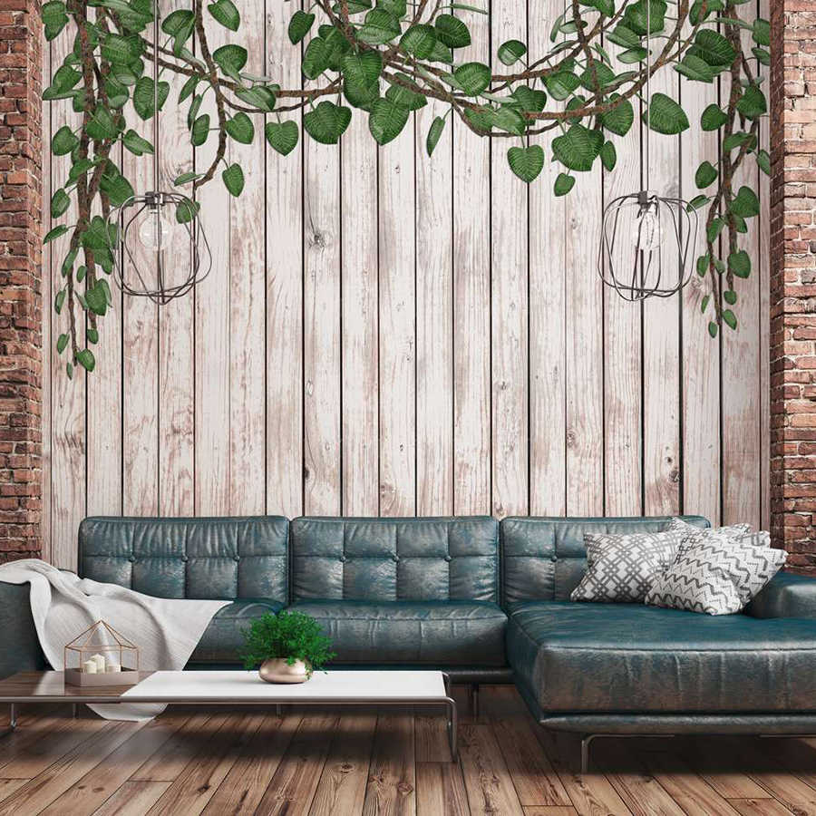 Fototapete Holzwand mit herabragenden Blättern naturell – Grün, Beige
