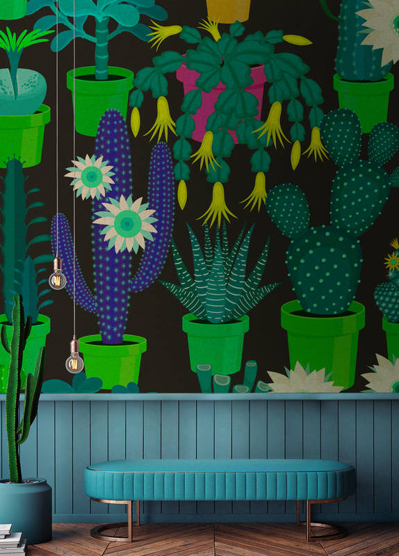             Cactus garden 2 - Fototapete mit bunten Kakteen im Comic Stil in Pappe Struktur – Grün, Schwarz | Mattes Glattvlies
        